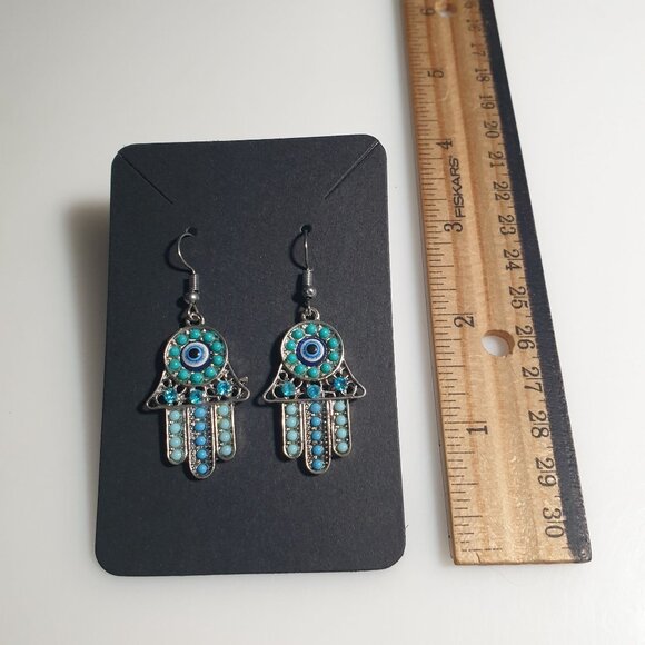 Hamsa Evil Eye Dangle Earrings Artisan Craft Metal Lightweight Spiritual Gift - Picture 3 of 4